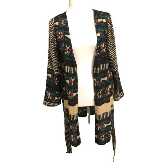 SOFT SURROUNDINGS Women's S / M Black Chelan Wrap Tie Aztec Boho Tribal Cardigan - Picture 2 of 5